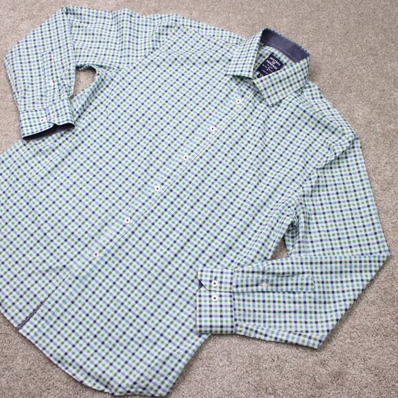 Society of Threads Flip Cuff Shirt Mens Large Green Slim 4 Way Stretch No Iron - Picture 4 of 14